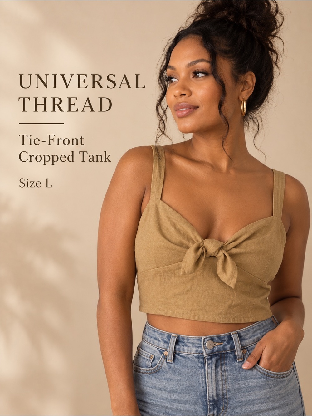 NWT Universal Thread Wheatfield Tan Linen Blend Tie Front Crop Top